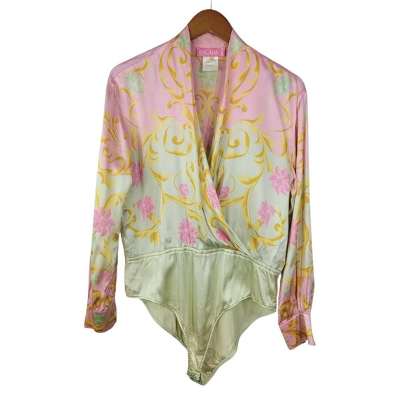 ESCADA Vintage 100% Silk Pink Green Gold Bodysuit Size Large 40 Wrap Top Royal - Picture 2 of 9